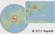 Savanna Style Location Map of Uzbekistan, within the entire continent, hill shading