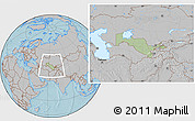 Savanna Style Location Map of Uzbekistan, gray outside, hill shading