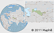 Savanna Style Location Map of Uzbekistan, lighten, desaturated, land only, hill shading