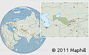 Savanna Style Location Map of Uzbekistan, lighten, land only, hill shading