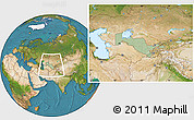 Savanna Style Location Map of Uzbekistan, satellite outside, hill shading