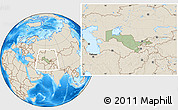 Savanna Style Location Map of Uzbekistan, shaded relief outside, hill shading