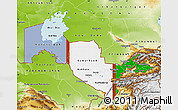 Flag Map of Uzbekistan, physical outside, bathymetry sea, flag aligned to the middle
