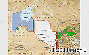 Flag Map of Uzbekistan, satellite outside, bathymetry sea, flag aligned to the middle