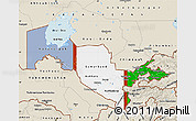 Flag Map of Uzbekistan, shaded relief outside, bathymetry sea, flag aligned to the middle