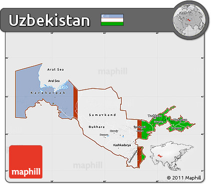 Flag Map of Uzbekistan, single color outside, bathymetry sea, flag aligned to the middle