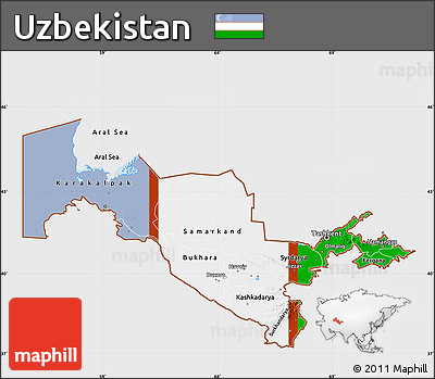 Flag Map of Uzbekistan, single color outside, bathymetry sea, flag aligned to the middle