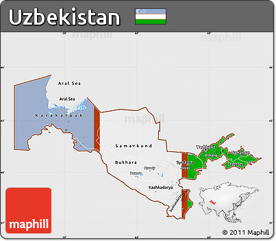 Flag Map of Uzbekistan, single color outside, bathymetry sea, flag aligned to the middle