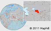 Gray Location Map of Samarkand, within the entire country, hill shading