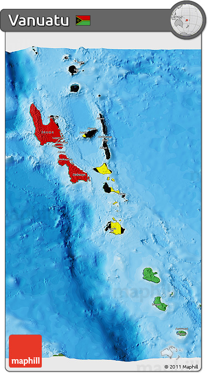 Flag 3D Map of Vanuatu, satellite outside, bathymetry sea, flag aligned to the middle