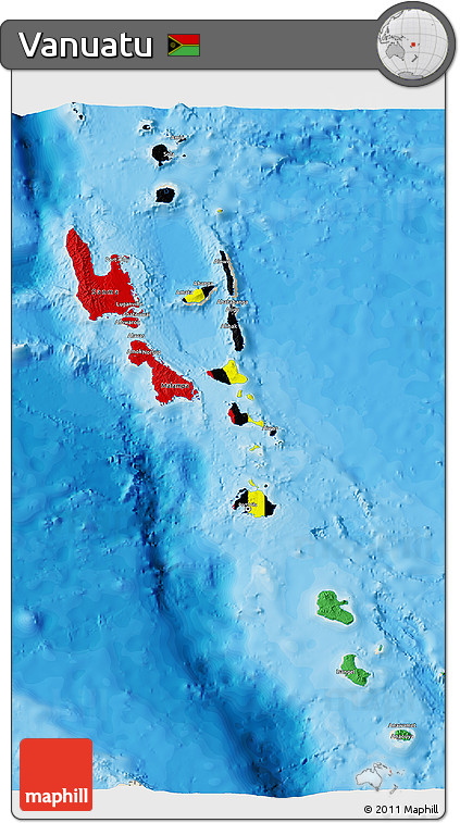Flag 3D Map of Vanuatu, shaded relief outside, bathymetry sea, flag rotated