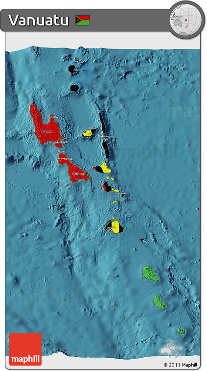 Flag 3D Map of Vanuatu, single color outside, satellite sea, flag rotated
