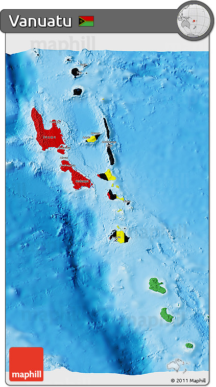 Flag 3D Map of Vanuatu, single color outside, shaded relief sea, flag rotated