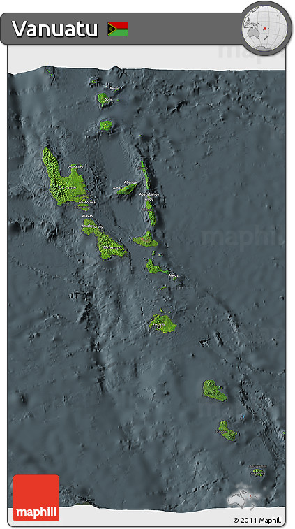 Satellite 3D Map of Vanuatu, darken, semi-desaturated