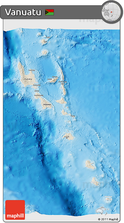 Shaded Relief 3D Map of Vanuatu, lighten, land only