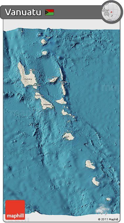 Shaded Relief 3D Map of Vanuatu, single color outside, satellite sea