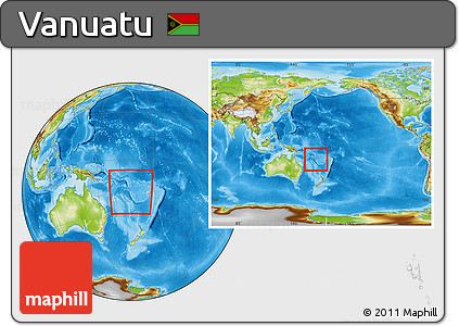 Physical Location Map of Vanuatu, within the entire continent