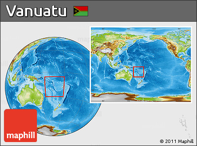 Physical Location Map of Vanuatu, within the entire continent