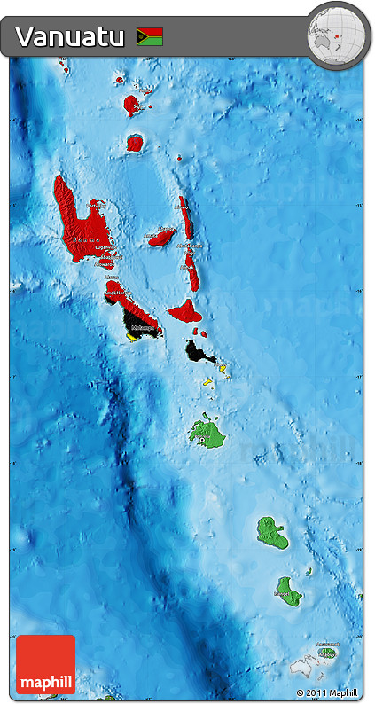 Flag Map of Vanuatu, satellite outside, bathymetry sea, flag centered