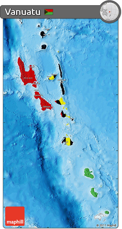 Flag Map of Vanuatu, single color outside, bathymetry sea, shaded relief sea, flag rotated