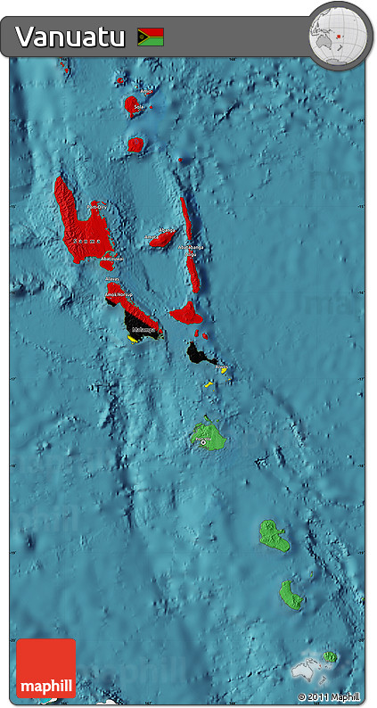Flag Map of Vanuatu, single color outside, satellite sea, flag centered