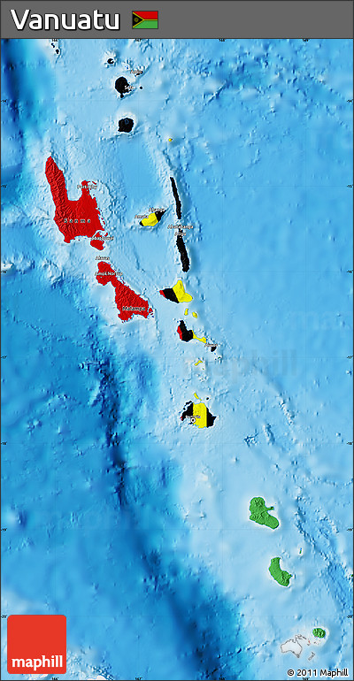 Flag Map of Vanuatu, single color outside, shaded relief sea, flag rotated