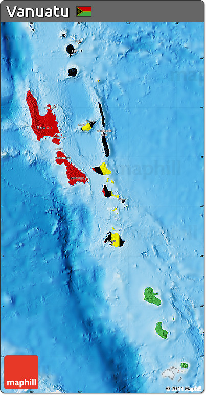 Flag Map of Vanuatu, single color outside, shaded relief sea, flag rotated