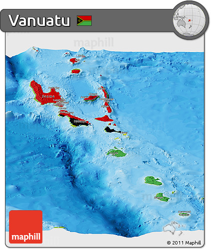 Flag Panoramic Map of Vanuatu, physical outside, bathymetry sea, flag centered