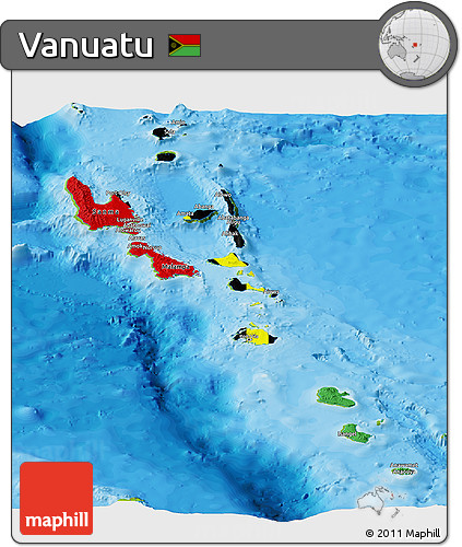 Flag Panoramic Map of Vanuatu, physical outside, bathymetry sea, flag aligned to the middle