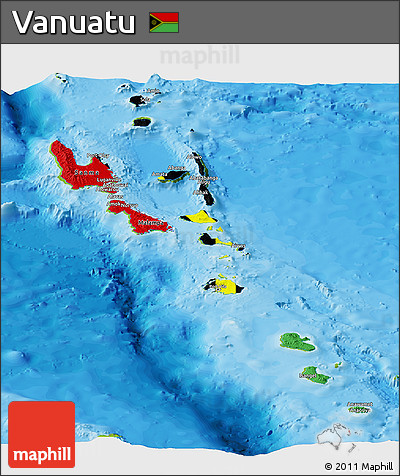 Flag Panoramic Map of Vanuatu, physical outside, bathymetry sea, flag aligned to the middle