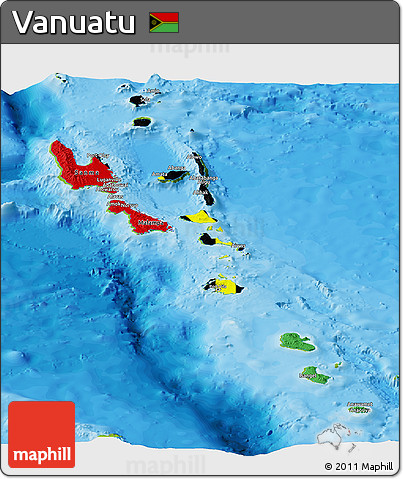 Flag Panoramic Map of Vanuatu, physical outside, bathymetry sea, flag aligned to the middle