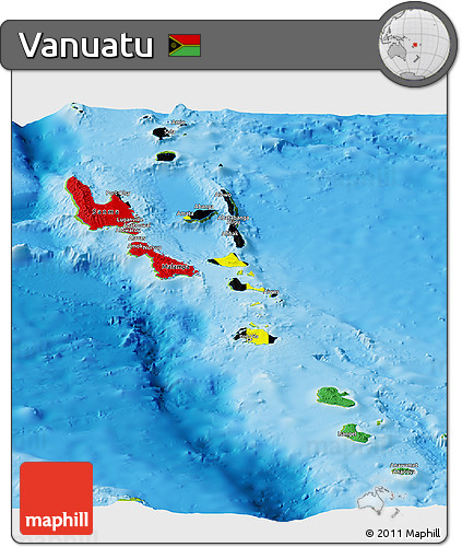 Flag Panoramic Map of Vanuatu, physical outside, flag aligned to the middle