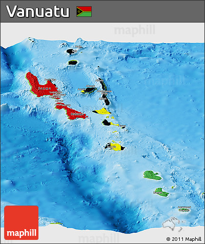 Flag Panoramic Map of Vanuatu, physical outside, flag aligned to the middle