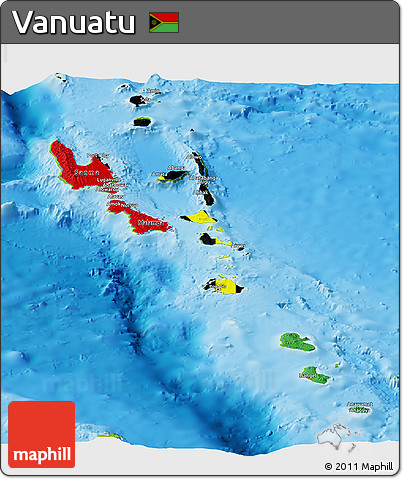 Flag Panoramic Map of Vanuatu, physical outside, flag aligned to the middle