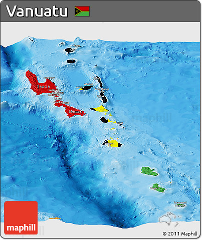 Flag Panoramic Map of Vanuatu, political outside, flag aligned to the middle