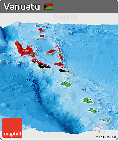 Flag Panoramic Map of Vanuatu, shaded relief outside, flag centered