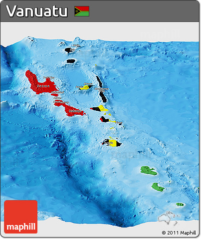 Flag Panoramic Map of Vanuatu, single color outside, bathymetry sea, shaded relief sea, flag rotated