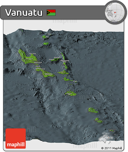 Satellite Panoramic Map of Vanuatu, darken, semi-desaturated