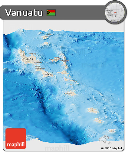 Shaded Relief Panoramic Map of Vanuatu, lighten, land only