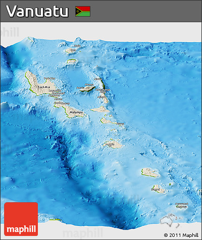Shaded Relief Panoramic Map of Vanuatu, physical outside
