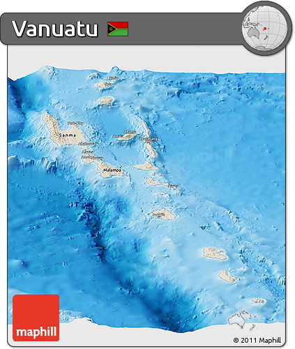 Shaded Relief Panoramic Map of Vanuatu, single color outside