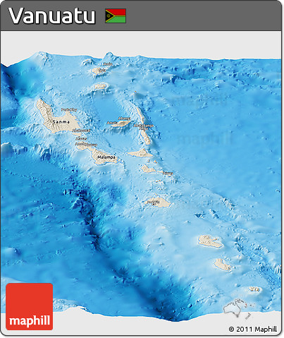 Shaded Relief Panoramic Map of Vanuatu, single color outside