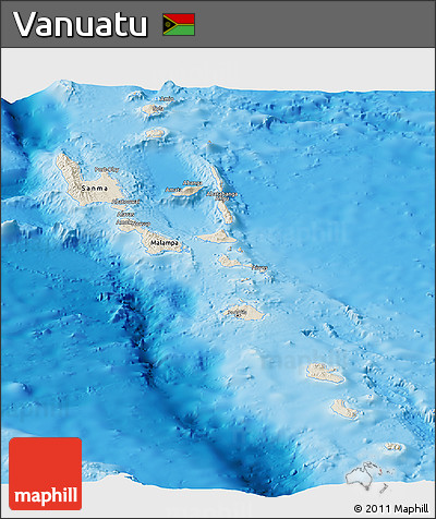 Shaded Relief Panoramic Map of Vanuatu, single color outside