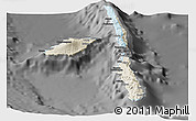 Shaded Relief Panoramic Map of Penama, darken, desaturated