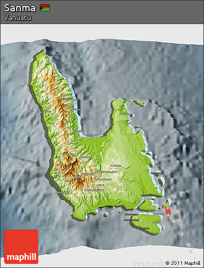 Physical 3D Map of Sanma, darken, semi-desaturated