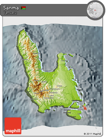 Physical 3D Map of Sanma, darken, semi-desaturated