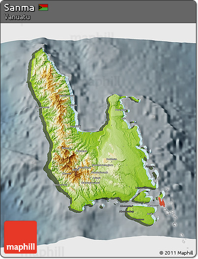 Physical 3D Map of Sanma, darken, semi-desaturated