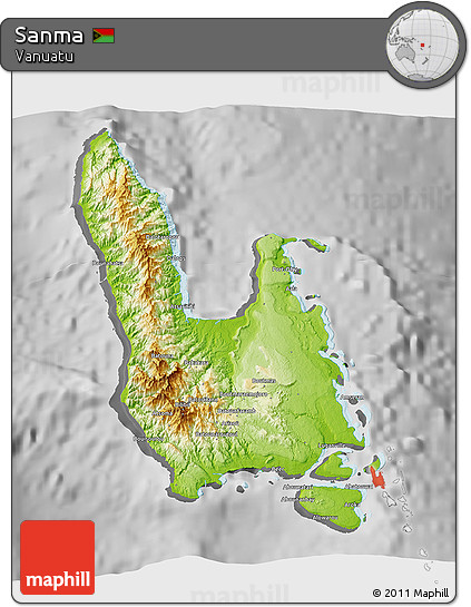 Physical 3D Map of Sanma, desaturated