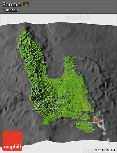 Satellite 3D Map of Sanma, darken, desaturated