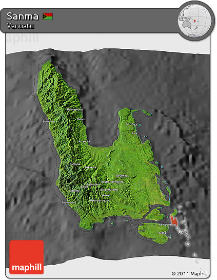 Satellite 3D Map of Sanma, darken, desaturated